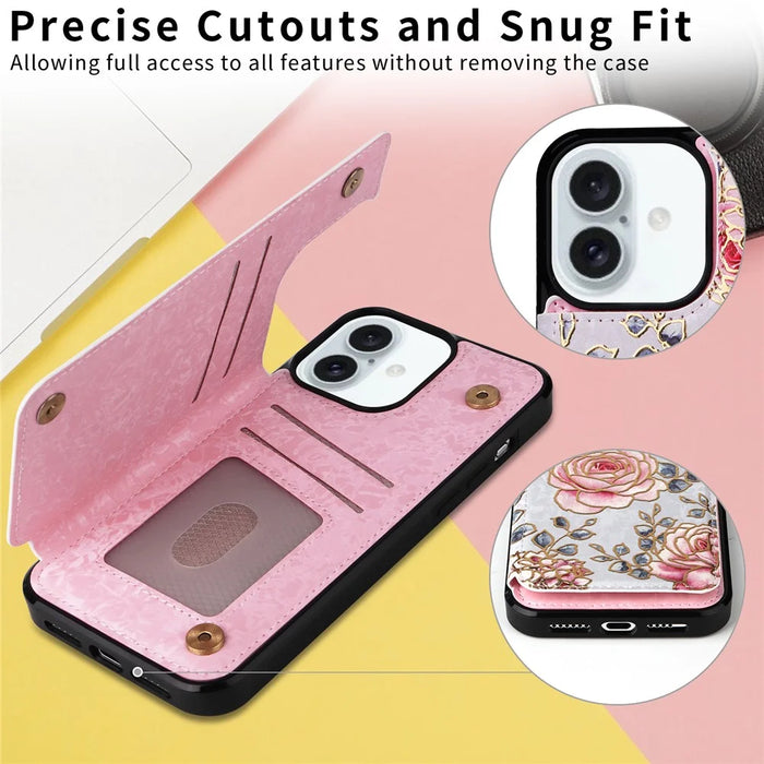 For iPhone 16 Plus Card Slots Case Flower Leather+TPU Phone Cover RFID Blocking - Rose - 4