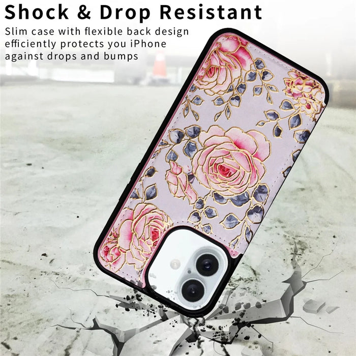 For iPhone 16 Plus Card Slots Case Flower Leather+TPU Phone Cover RFID Blocking - Rose - 6