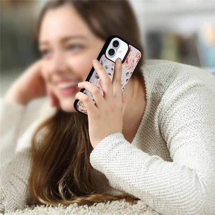 For iPhone 16 Plus Card Slots Case Flower Leather+TPU Phone Cover RFID Blocking - Rose - 7