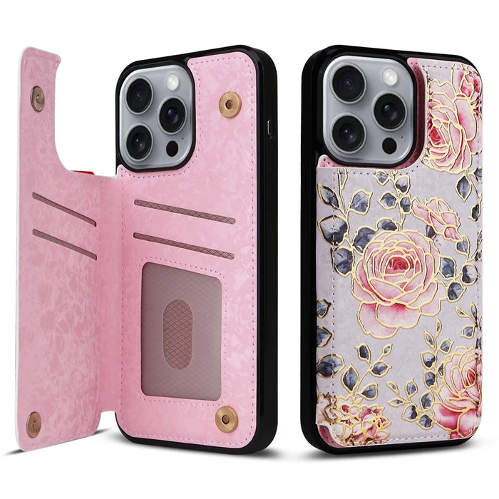 For iPhone 16 Pro Max Case Flower Leather+TPU RFID Blocking Phone Cover Card Slots - Rose - 1