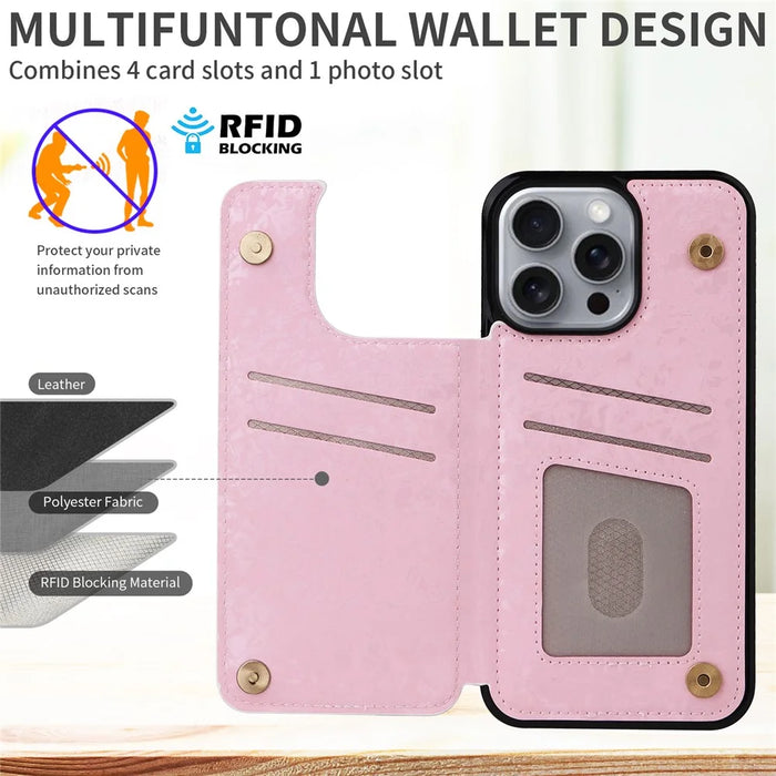 For iPhone 16 Pro Max Case Flower Leather+TPU RFID Blocking Phone Cover Card Slots - Rose - 2