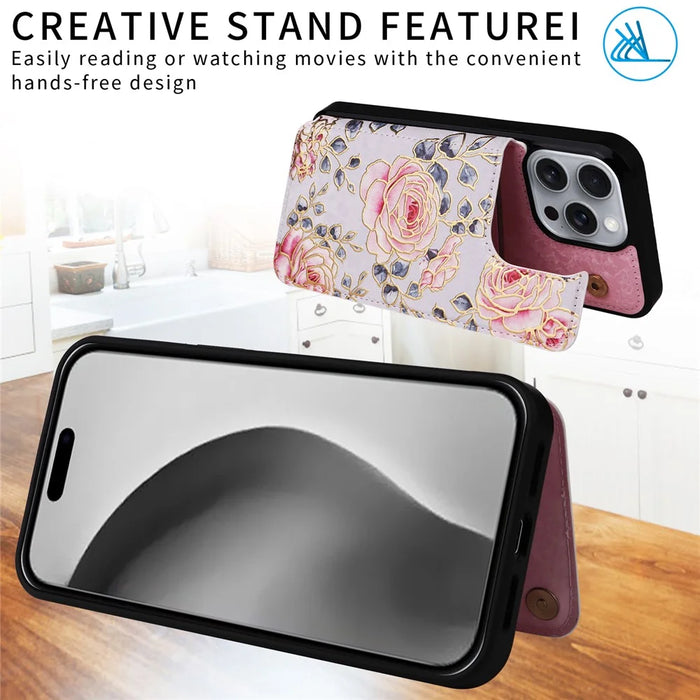 For iPhone 16 Pro Max Case Flower Leather+TPU RFID Blocking Phone Cover Card Slots - Rose - 3