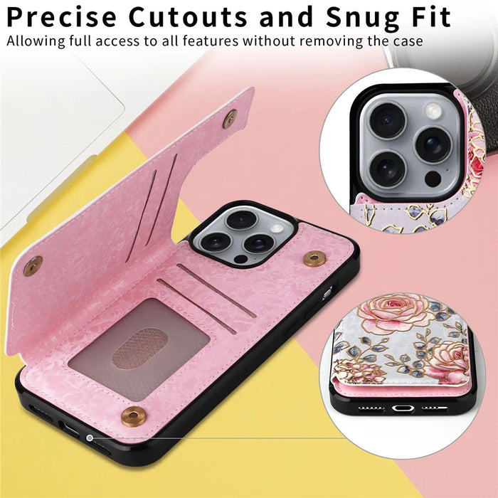 For iPhone 16 Pro Max Case Flower Leather+TPU RFID Blocking Phone Cover Card Slots - Rose - 4