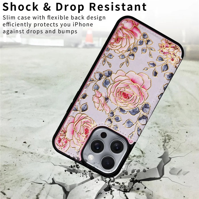For iPhone 16 Pro Max Case Flower Leather+TPU RFID Blocking Phone Cover Card Slots - Rose - 6