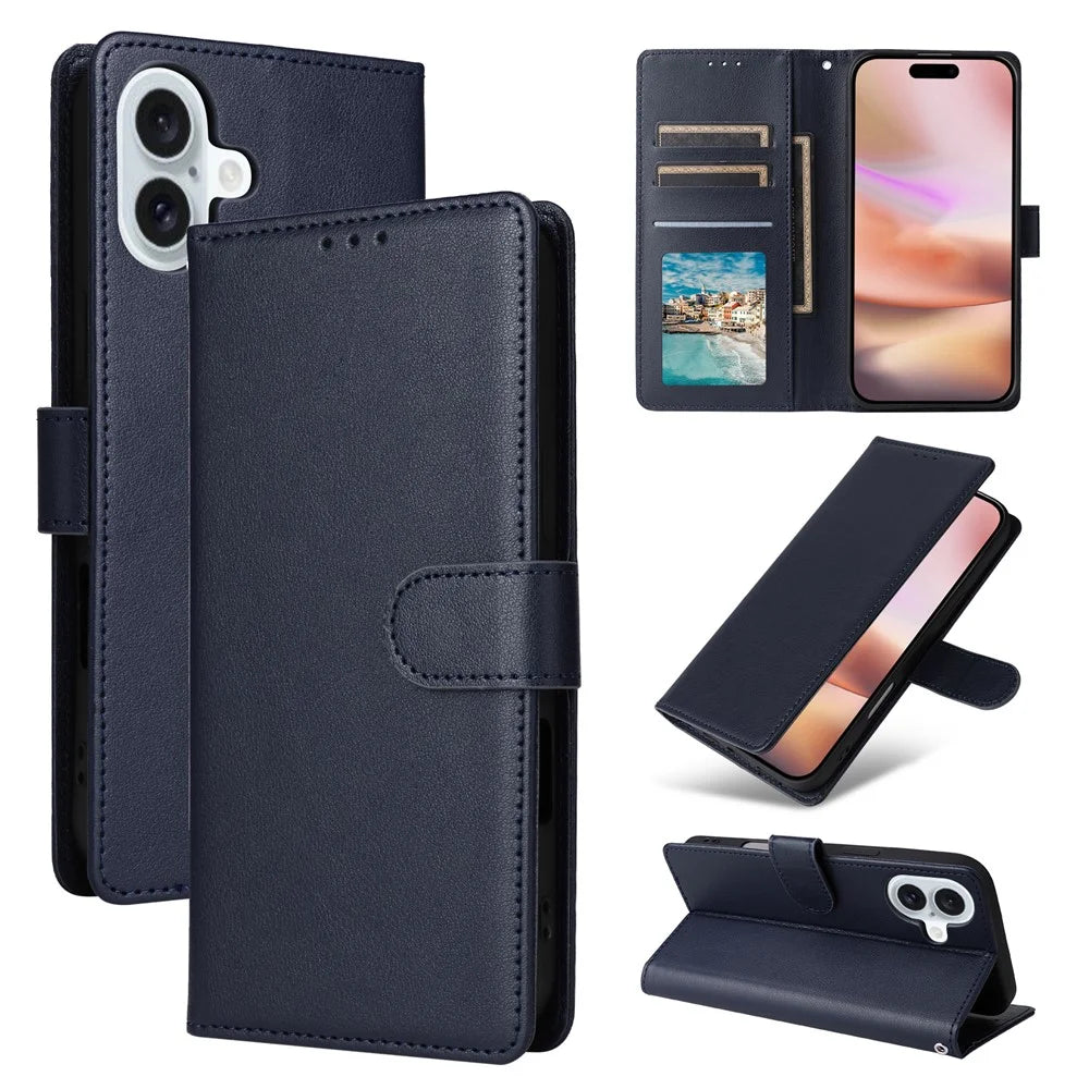 For iPhone 16 Plus Wallet Case 3 Card Slots Slim-Fit PU Leather Stand Phone Cover - Blue - 7