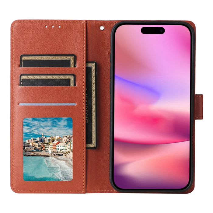 For iPhone 16 Wallet Case 3 Card Slots Slim-Fit PU Leather Stand Phone Cover - Brown - 2