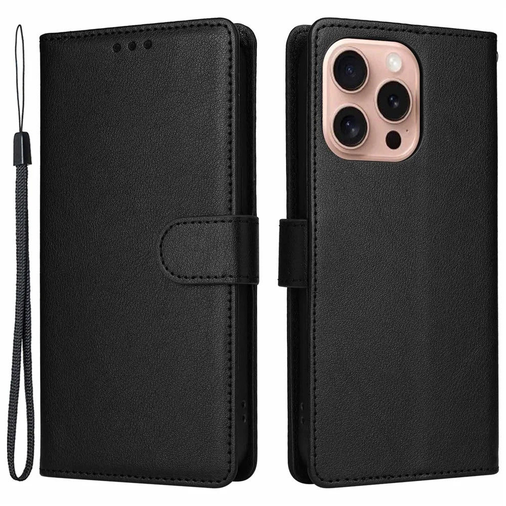 For iPhone 16 Pro Wallet Case 3 Card Slots Slim-Fit PU Leather Stand Phone Cover - Black - 1
