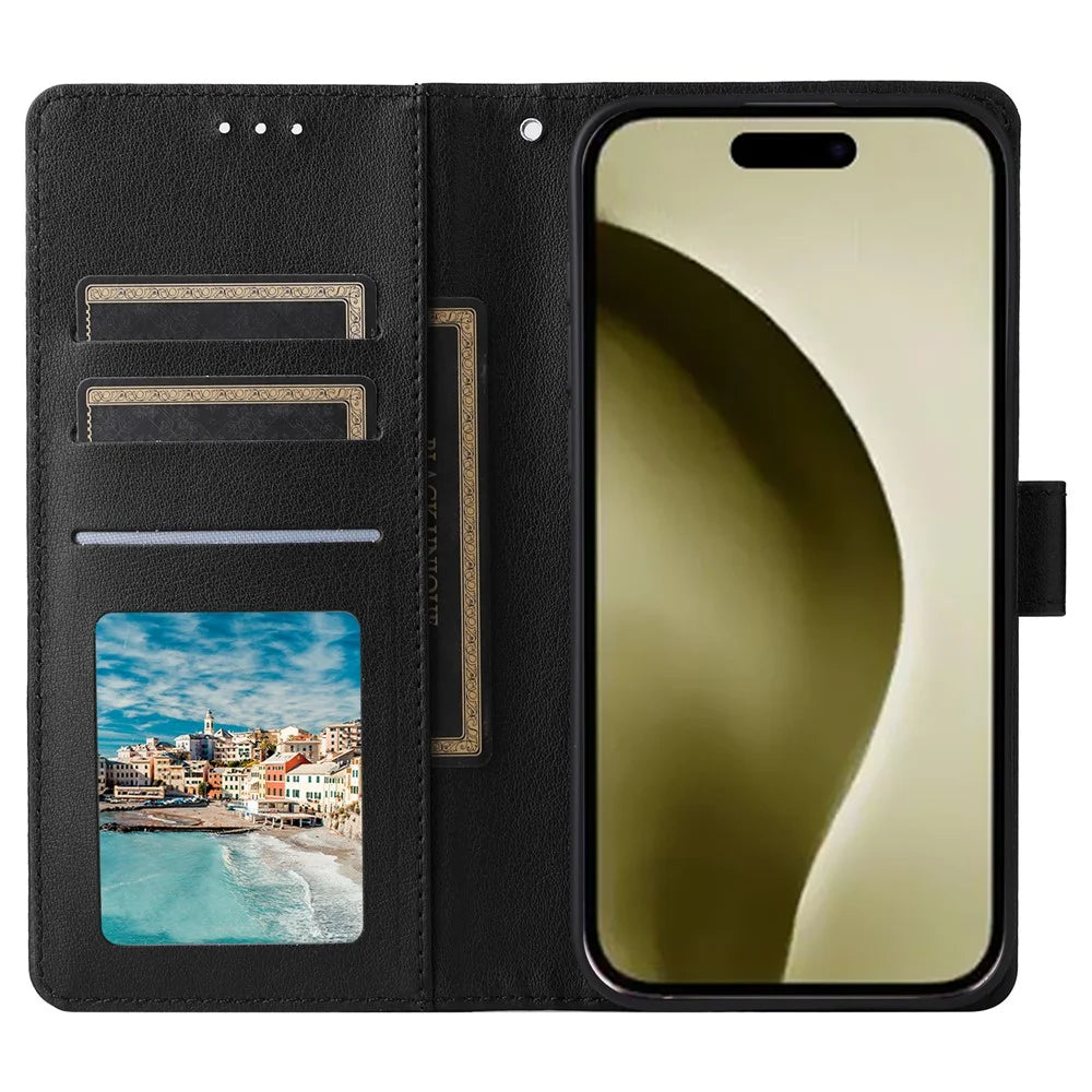 For iPhone 16 Pro Wallet Case 3 Card Slots Slim-Fit PU Leather Stand Phone Cover - Black - 2