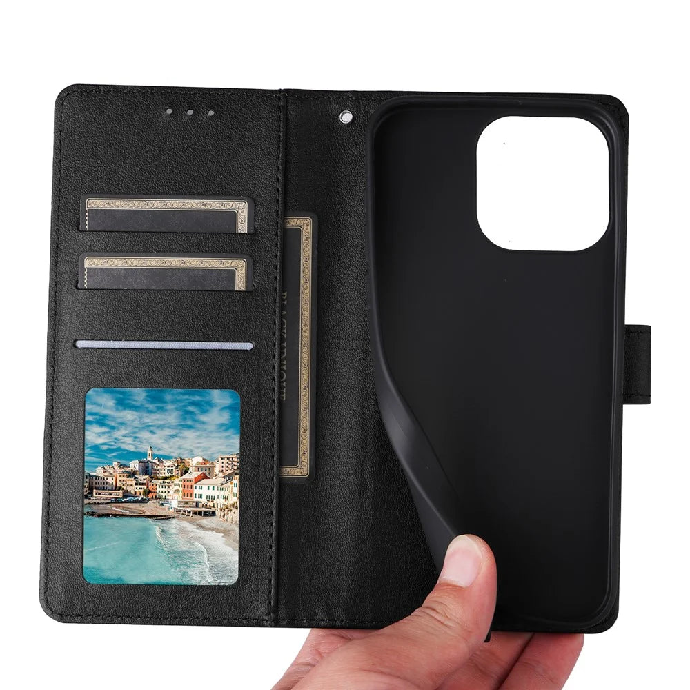For iPhone 16 Pro Wallet Case 3 Card Slots Slim-Fit PU Leather Stand Phone Cover - Black - 6