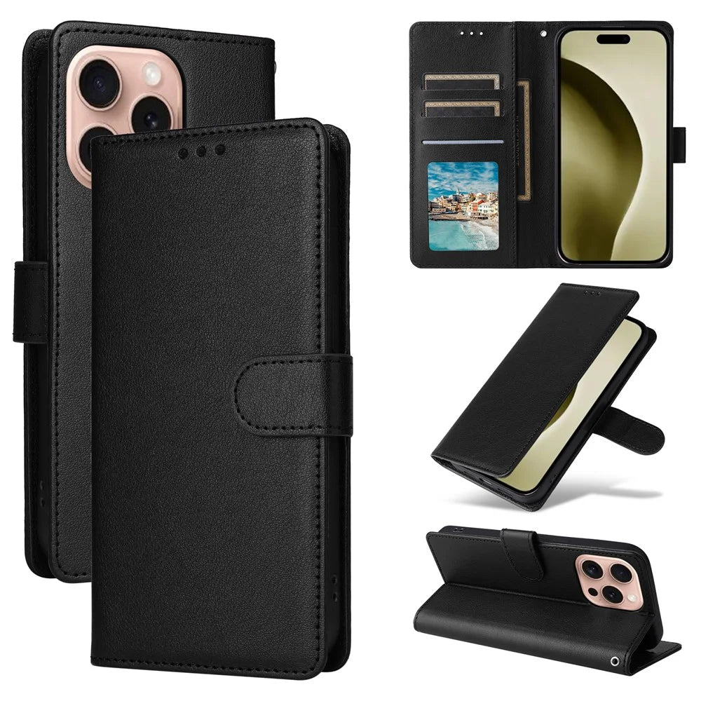 For iPhone 16 Pro Wallet Case 3 Card Slots Slim-Fit PU Leather Stand Phone Cover - Black - 7