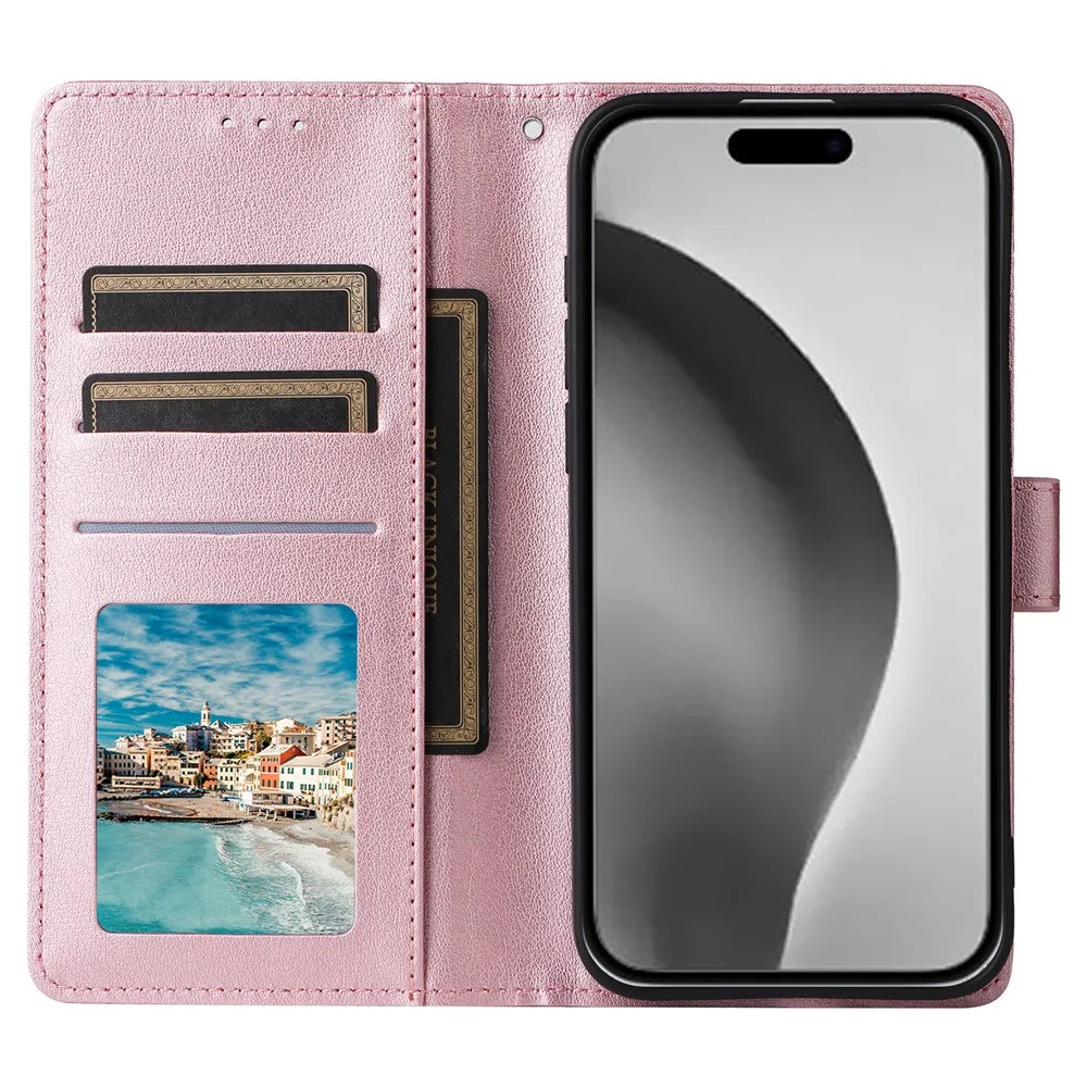 For iPhone 16 Pro Max Wallet Case 3 Card Slots Slim-Fit PU Leather Stand Phone Cover - Rose Gold - 2