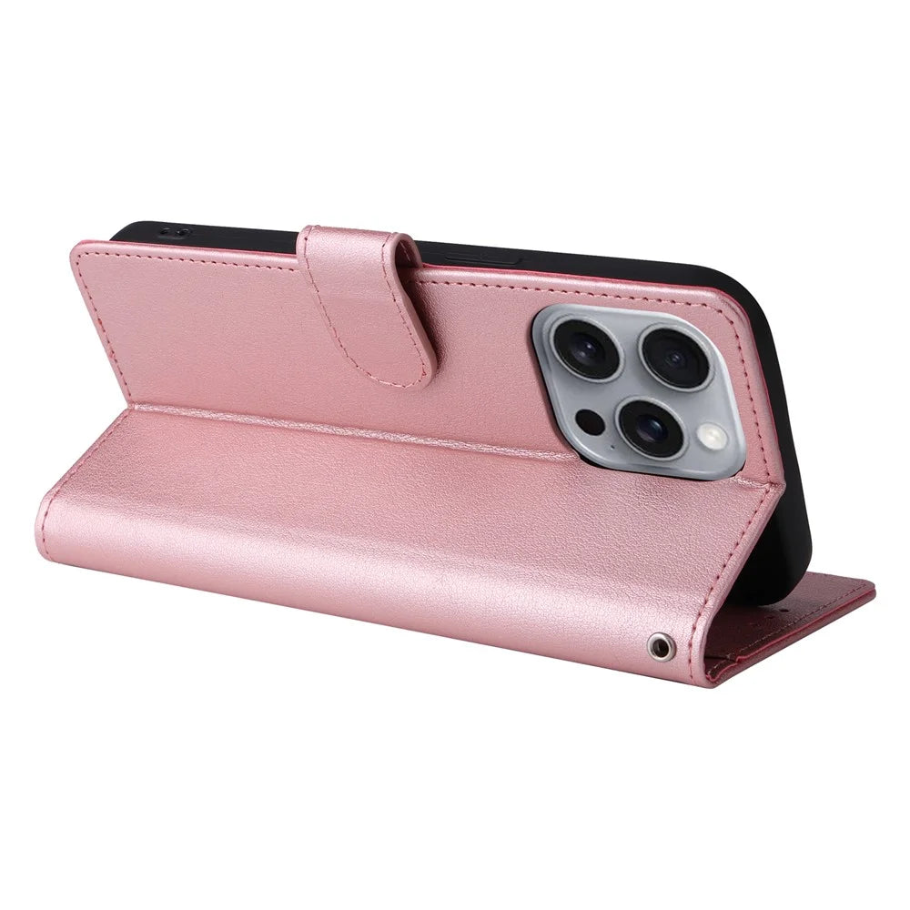 For iPhone 16 Pro Max Wallet Case 3 Card Slots Slim-Fit PU Leather Stand Phone Cover - Rose Gold - 4