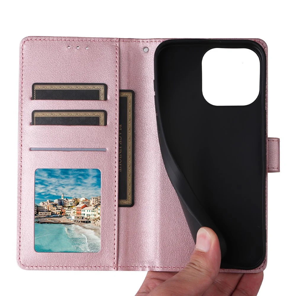 For iPhone 16 Pro Max Wallet Case 3 Card Slots Slim-Fit PU Leather Stand Phone Cover - Rose Gold - 6