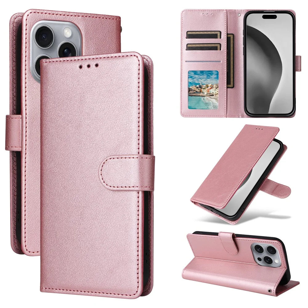 For iPhone 16 Pro Max Wallet Case 3 Card Slots Slim-Fit PU Leather Stand Phone Cover - Rose Gold - 7