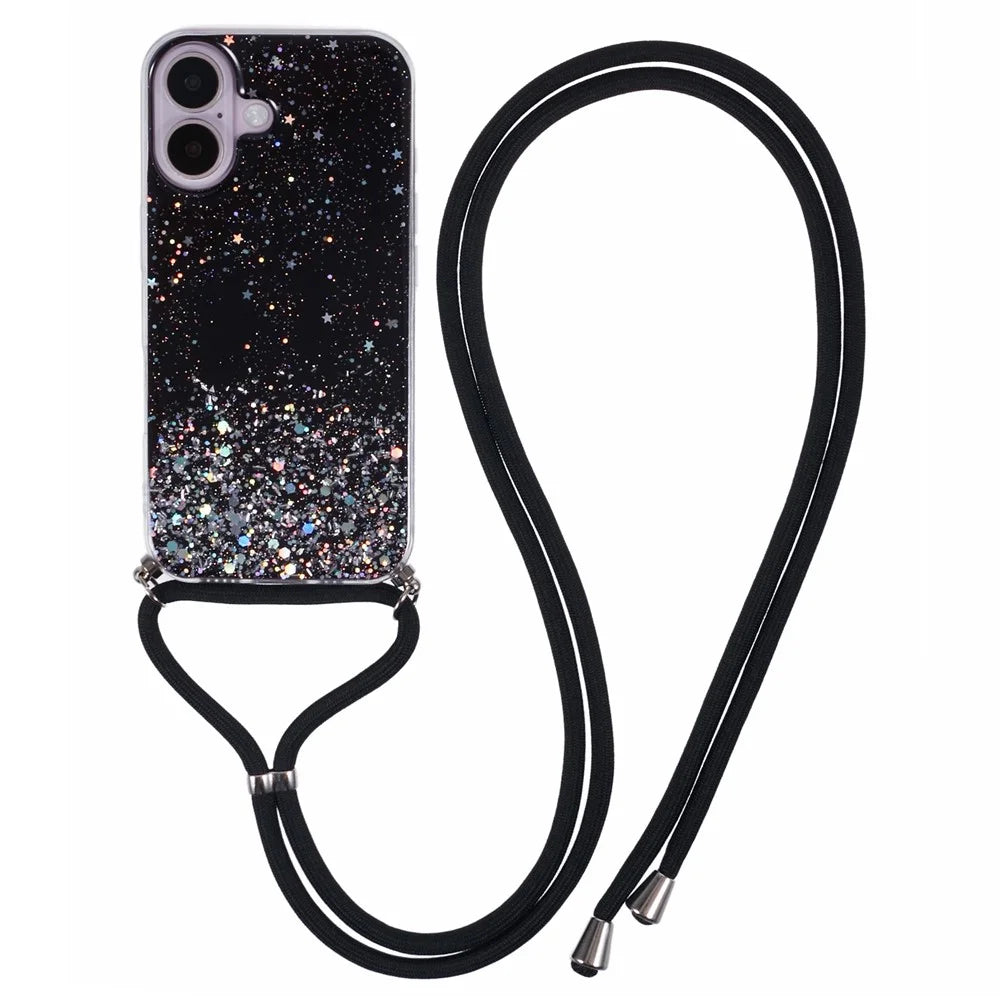 AW Series For iPhone 16 Plus Case Soft TPU Sparkle Epoxy Phone Cover with Lanyard - Black - 1