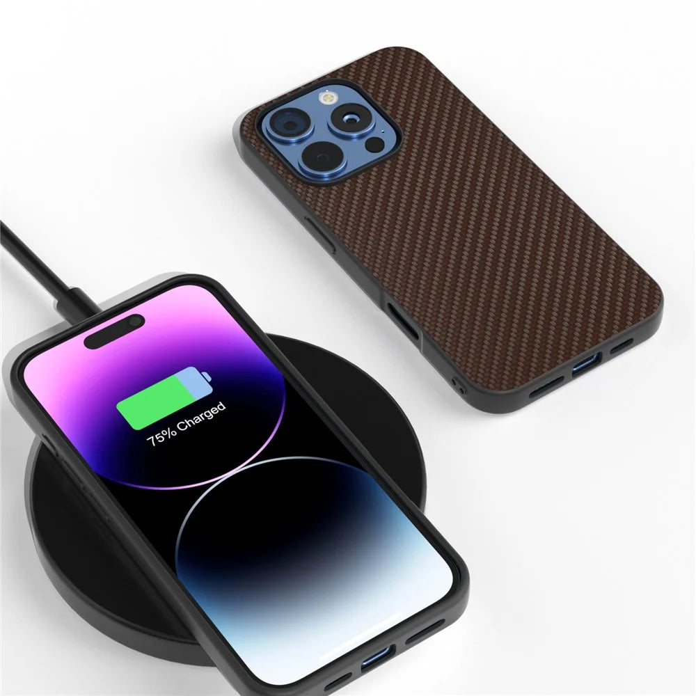 ABEEL For iPhone 16 Pro Max Case Leather+PC+TPU Phone Cover Carbon Fiber Texture - Brown - 2