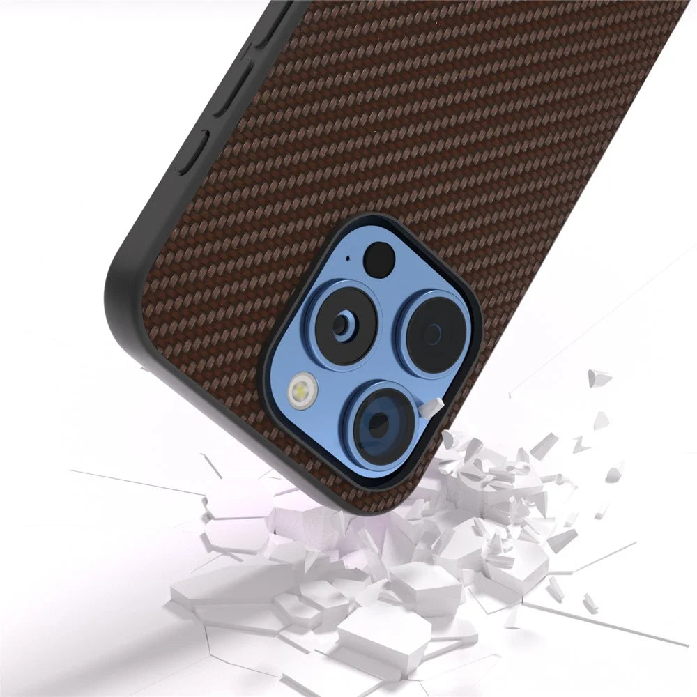 ABEEL For iPhone 16 Pro Case Carbon Fiber Texture PU+PC+TPU Phone Cover - Brown - 4