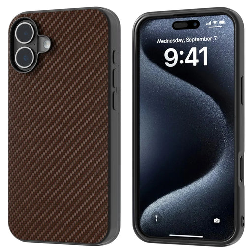 ABEEL For iPhone 16 Case Carbon Fiber Texture PU Covered Phone Shell - Brown - 1