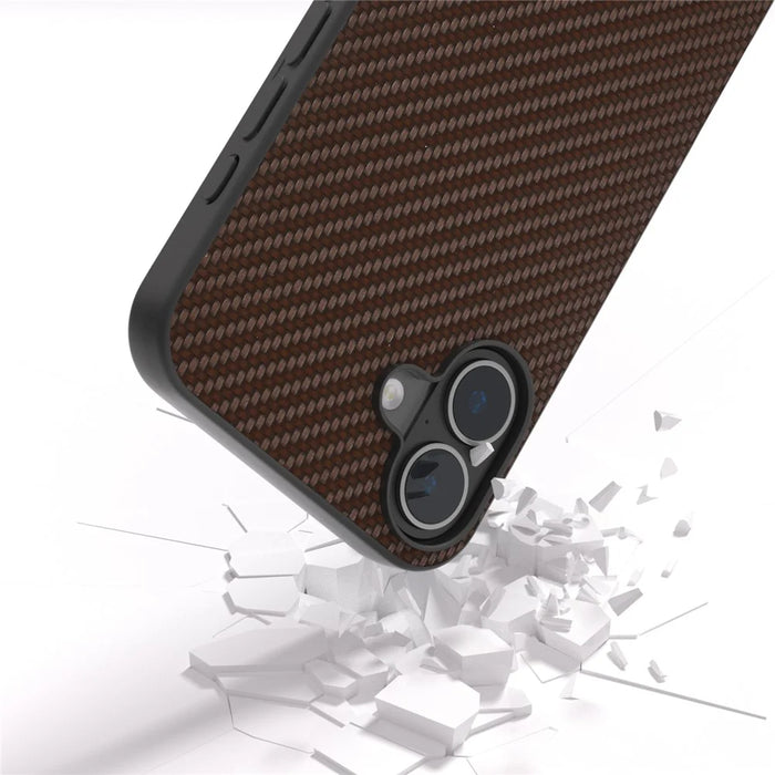 ABEEL For iPhone 16 Case Carbon Fiber Texture PU Covered Phone Shell - Brown - 4