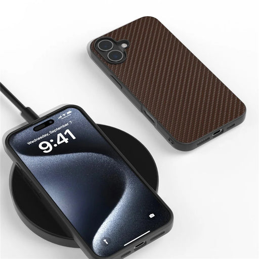 ABEEL For iPhone 16 Plus Case Hybrid Phone Cover Carbon Fiber Texture - Brown - 2
