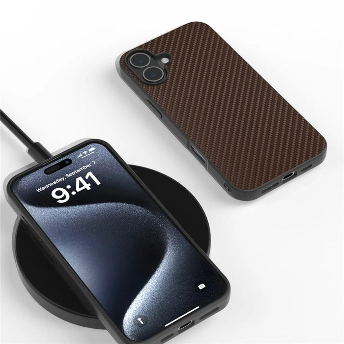ABEEL For iPhone 16 Plus Case Hybrid Phone Cover Carbon Fiber Texture - Brown - 2