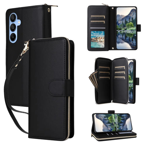 R20 For Samsung Galaxy A15 4G / 5G Case Zipper Phone Leather Cover Stand View - Black - 1