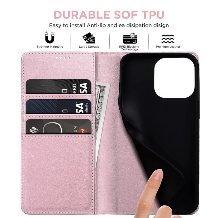 For iPhone 15 Pro Max Case RFID Blocking Wallet PU Leather Flip Phone Cover - Pink - 2
