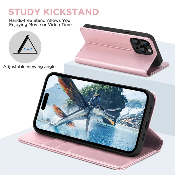 For iPhone 15 Pro Max Case RFID Blocking Wallet PU Leather Flip Phone Cover - Pink - 3