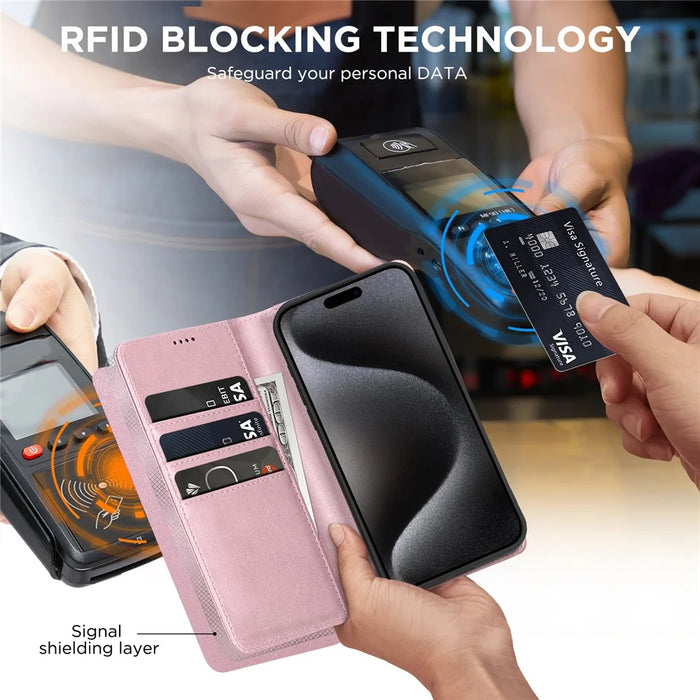For iPhone 15 Pro Max Case RFID Blocking Wallet PU Leather Flip Phone Cover - Pink - 5