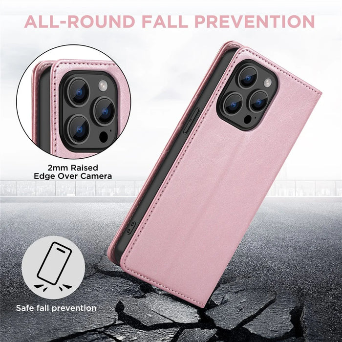 For iPhone 15 Pro Max Case RFID Blocking Wallet PU Leather Flip Phone Cover - Pink - 6
