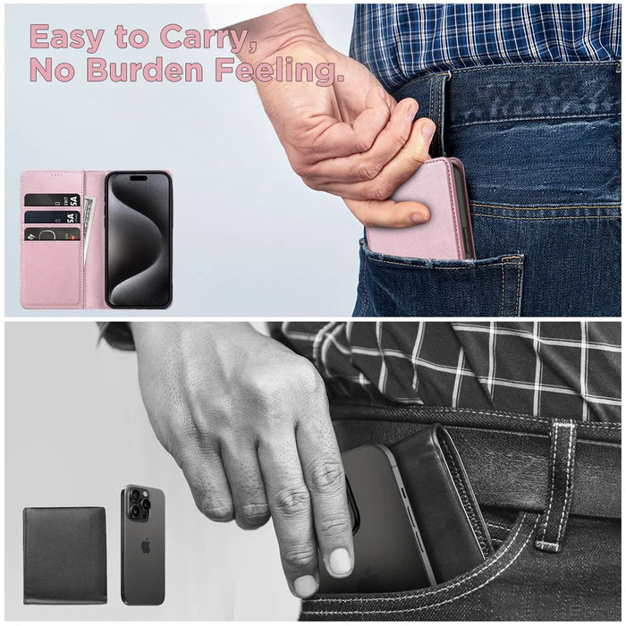 For iPhone 15 Pro Max Case RFID Blocking Wallet PU Leather Flip Phone Cover - Pink - 7