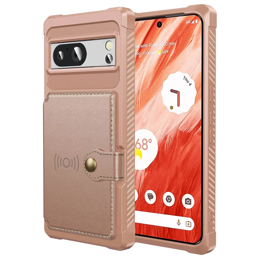 ZM03 For Google Pixel 8a Case Card Holder PU Leather+TPU Dual Layer Hybrid Protective Cover - Pink - 1