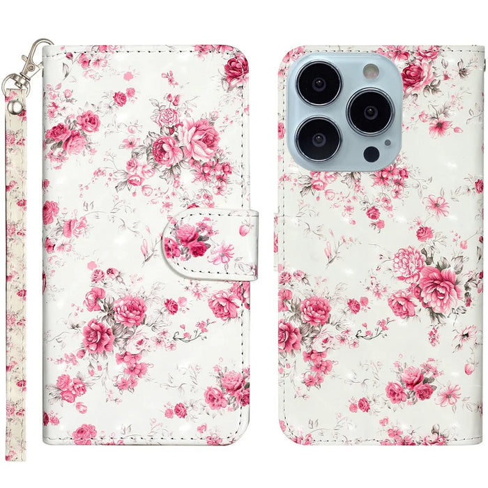 For iPhone 16 Pro Case Leather 3D Pattern Printed Phone Cover Stand Card Holder - Roses - 1