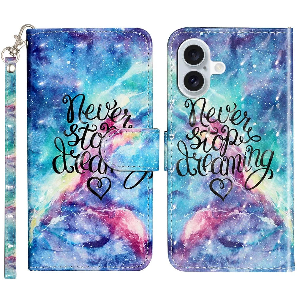 For iPhone 16 Leather Case Flip Wallet Phone Cover Magnetic Clasp 3D Pattern Printed - Starry Sky - 1