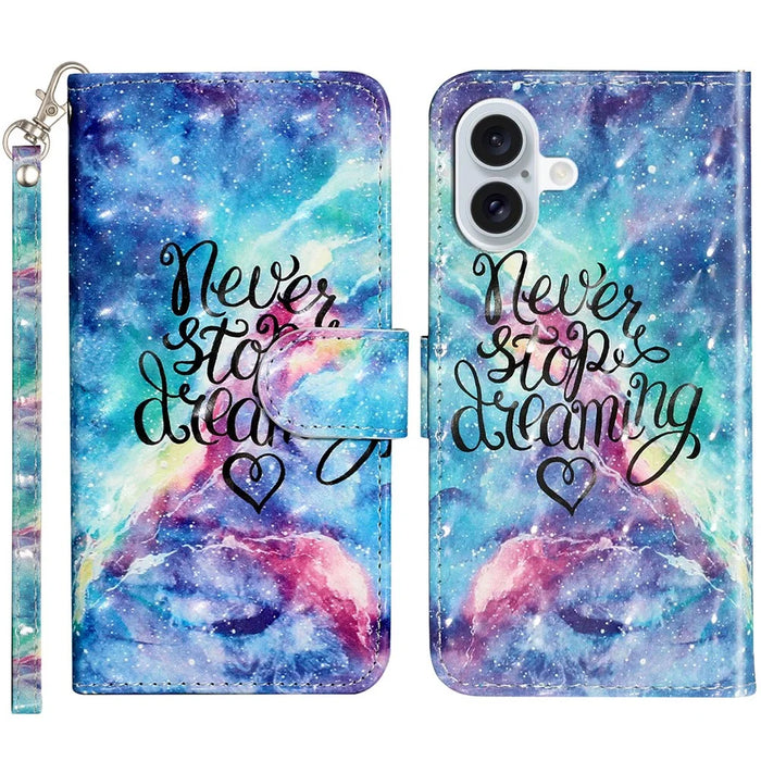 For iPhone 16 Leather Case Flip Wallet Phone Cover Magnetic Clasp 3D Pattern Printed - Starry Sky - 1