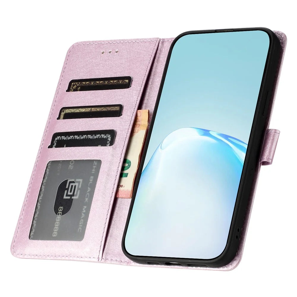 For iPhone 16 Pro Case Silk Texture Leather Wallet Phone Cover Magnetic Clasp Protective - Light Purple - 2