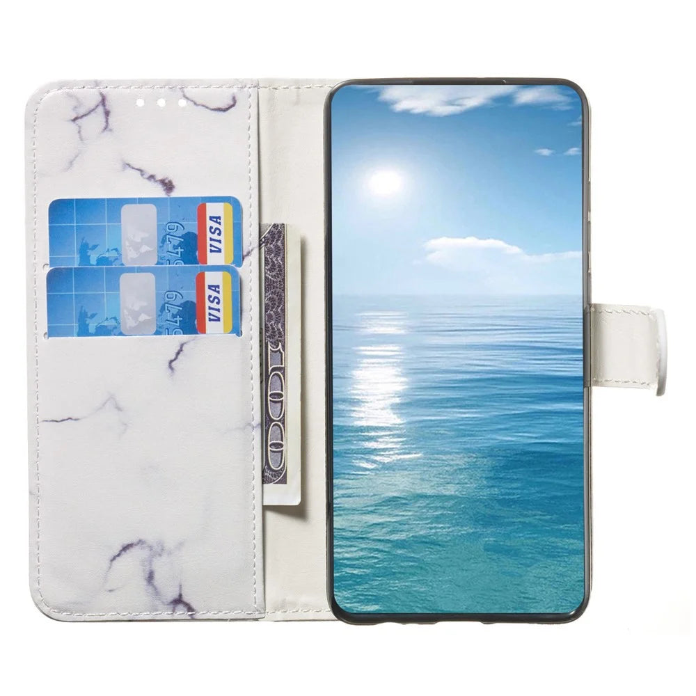 For iPhone 16 Pro Max Case Leather Pattern Design Flip Wallet Phone Cover - White Marble - 2