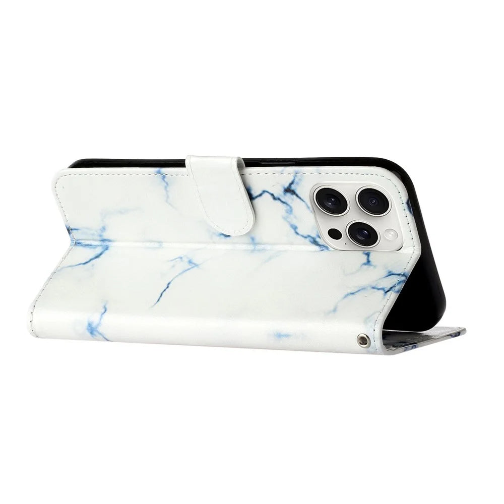 For iPhone 16 Pro Max Case Leather Pattern Design Flip Wallet Phone Cover - White Marble - 3