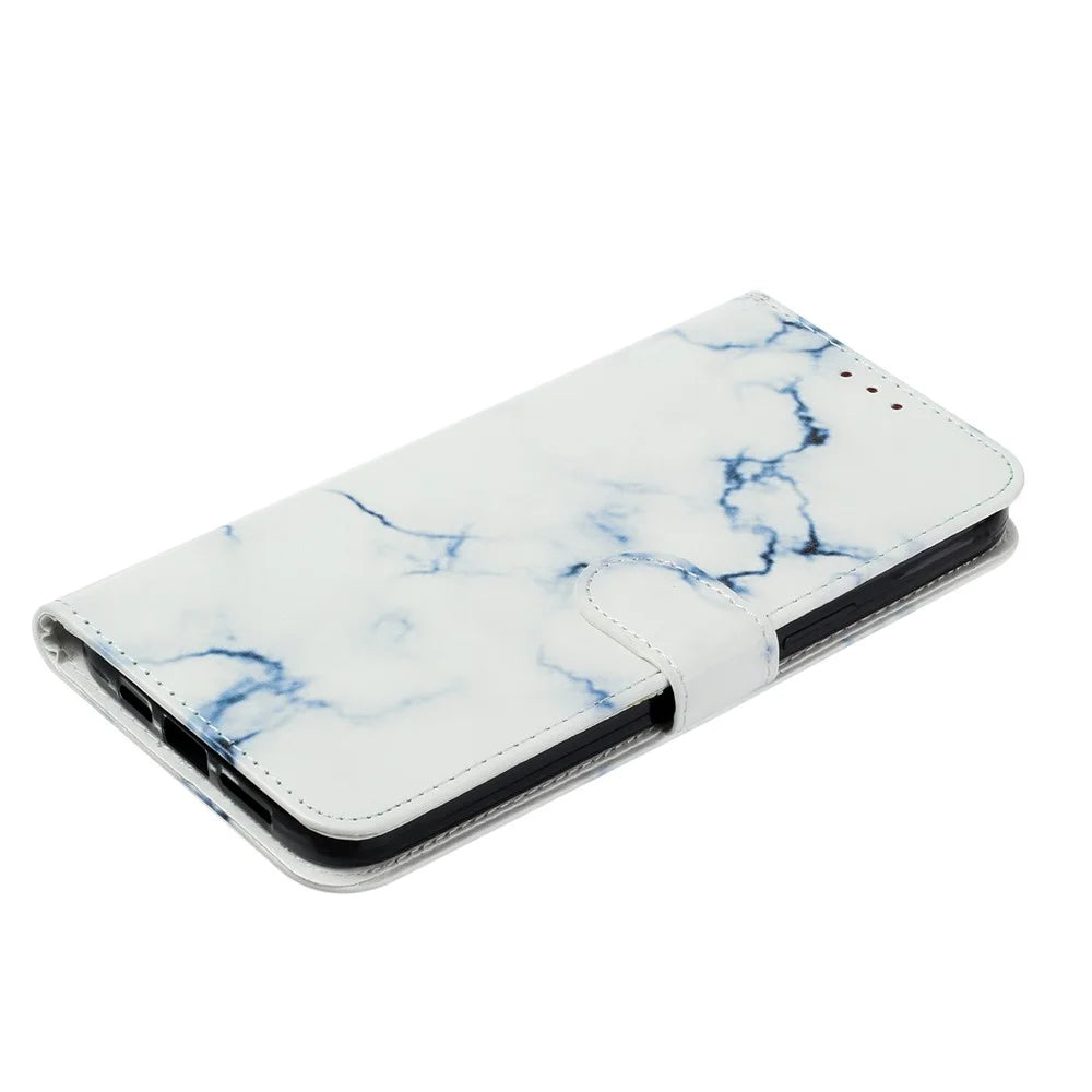 For iPhone 16 Pro Max Case Leather Pattern Design Flip Wallet Phone Cover - White Marble - 4