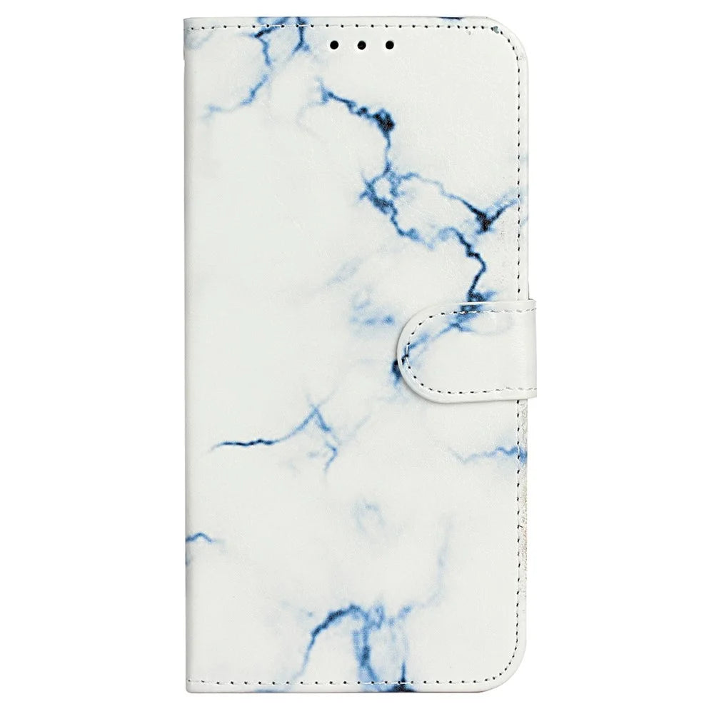 For iPhone 16 Pro Max Case Leather Pattern Design Flip Wallet Phone Cover - White Marble - 5
