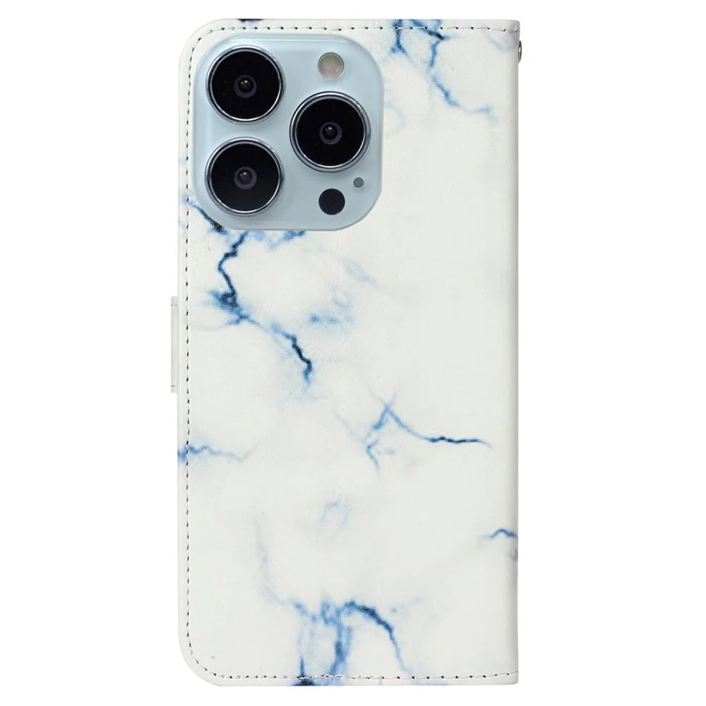 For iPhone 16 Pro Max Case Leather Pattern Design Flip Wallet Phone Cover - White Marble - 6