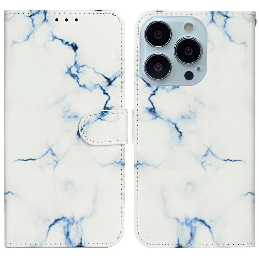 For iPhone 16 Case Pattern Stand Leather Phone Cover Card Slots Design - White Marble - 1