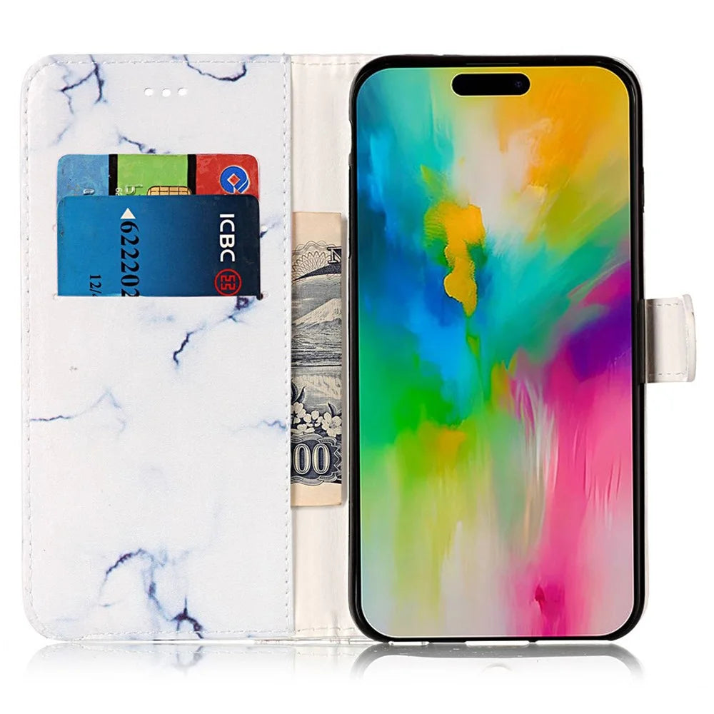For iPhone 16 Case Pattern Stand Leather Phone Cover Card Slots Design - White Marble - 2