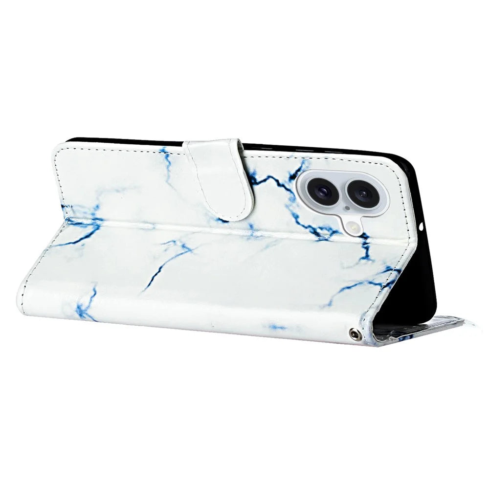 For iPhone 16 Case Pattern Stand Leather Phone Cover Card Slots Design - White Marble - 3