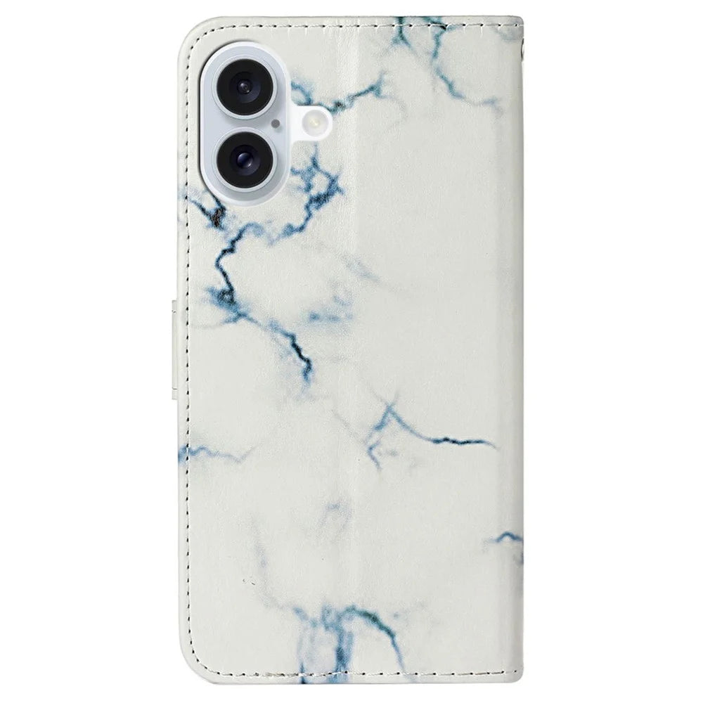 For iPhone 16 Case Pattern Stand Leather Phone Cover Card Slots Design - White Marble - 6
