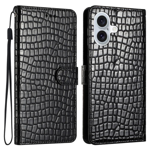 For iPhone 16 Plus Case Crocodile Texture Leather Phone Cover Card Slots Stand Function - Black - 1