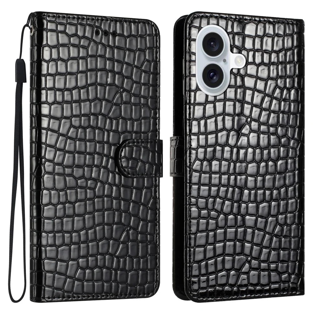 For iPhone 16 Plus Case Crocodile Texture Leather Phone Cover Card Slots Stand Function - Black - 1