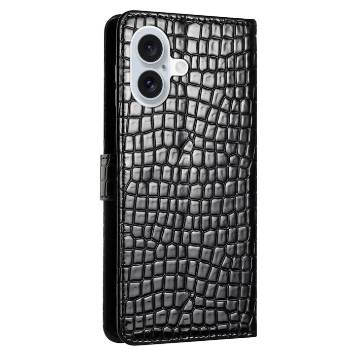For iPhone 16 Plus Case Crocodile Texture Leather Phone Cover Card Slots Stand Function - Black - 7