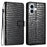 For iPhone 16 Case Flip Stand Leather Crocodile Texture Phone Cover - Black - 1