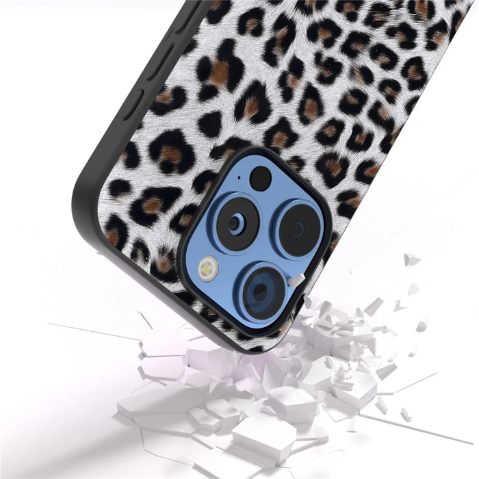 ABEEL For iPhone 16 Pro Case PU+TPU Back Phone Cover with Leopard Pattern - Silver - 3